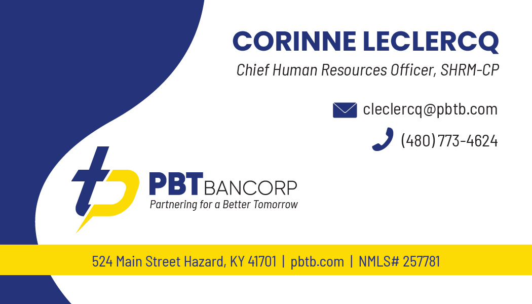 Business card for Corinne Leclercq, AR Manager at PBTBANCORP, with contact info and logo.