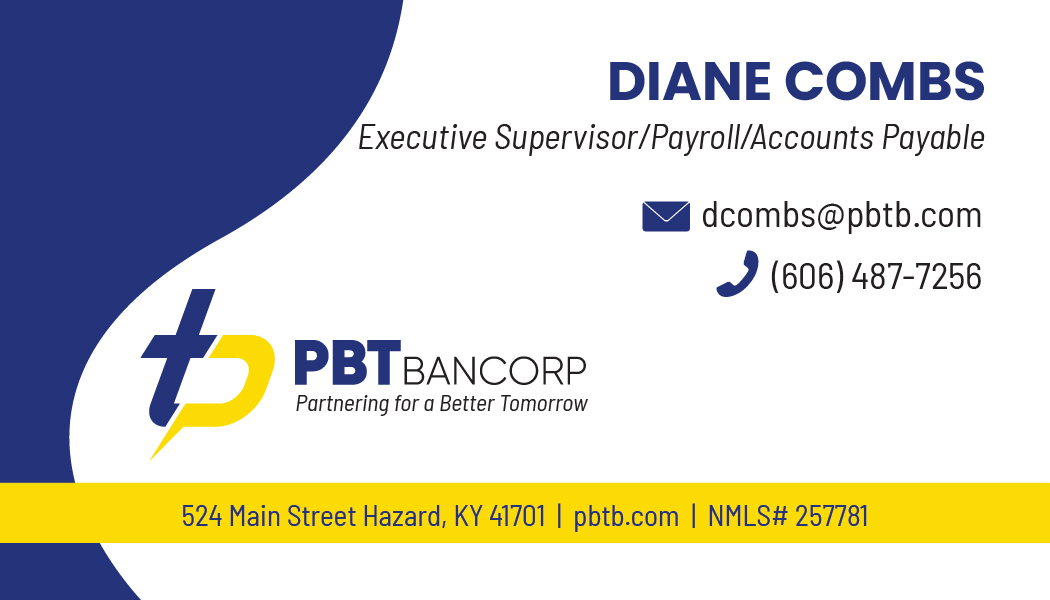 Business card for Diane Combs, PBTBANCORP employee. Blue and gold design, contact info and company logo.