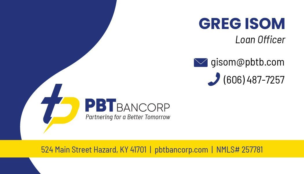 Business card for Greg Isom, Loan Operations Officer at PBTBANCORP; features logo, contact info, and address.
