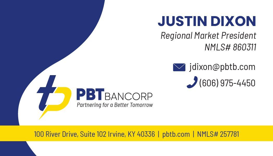 Business card for Justin Dixon, Regional Market President, with contact info and company logo, PBT Bancorp.