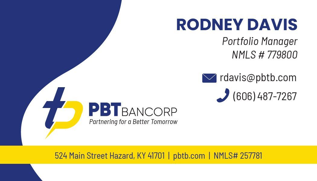Business card for Rodney Davis, Loan Officer at PBT Bancorp, with contact info and logo.