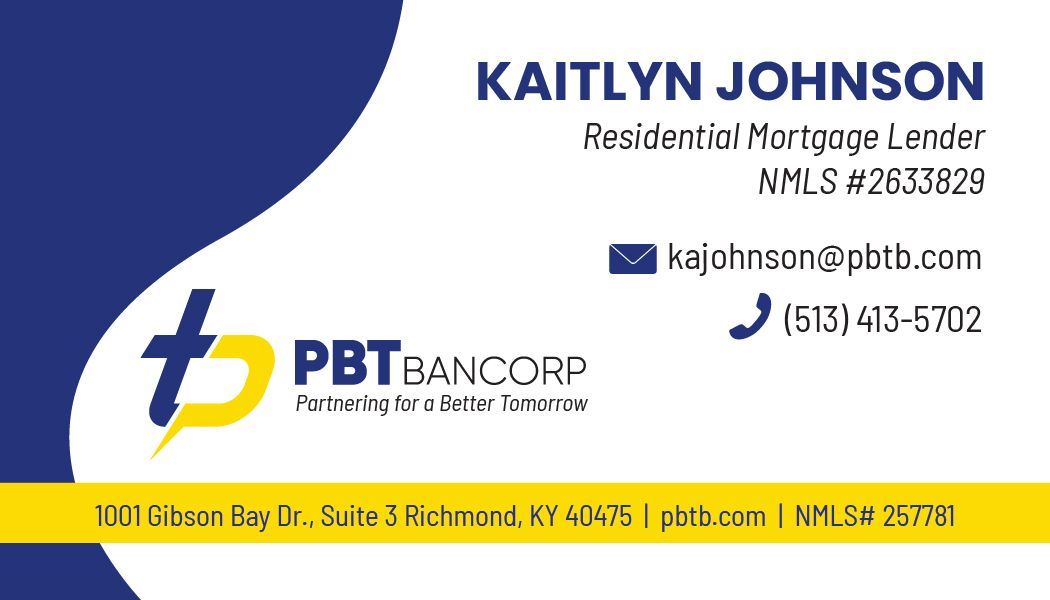 Business card for Kaitlyn Johnson, Mortgage Loan Officer, with contact info and PBT Bancorp logo.