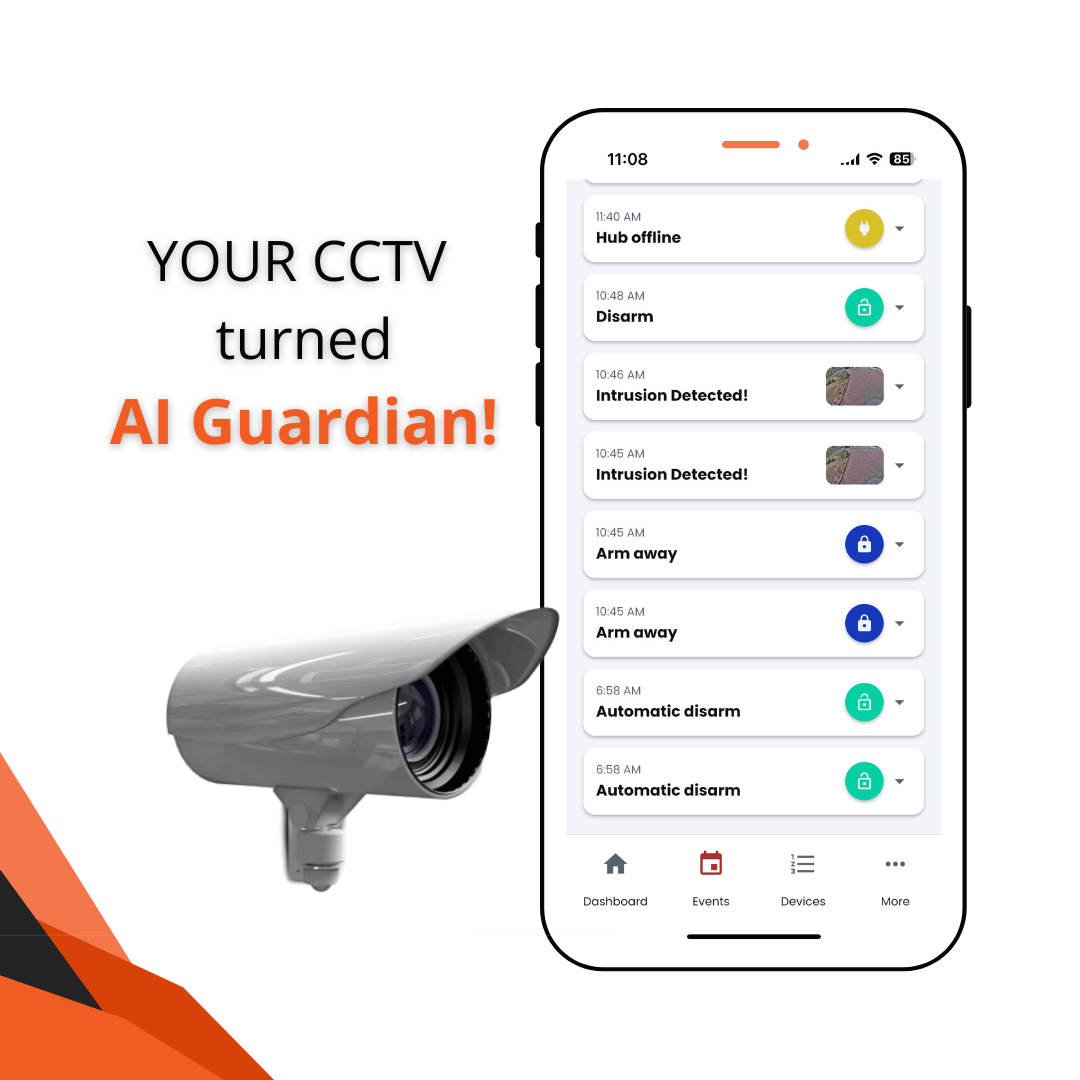 Brinant AI Guardian App dashboard showing real-time security alerts and AI-powered CCTV controls