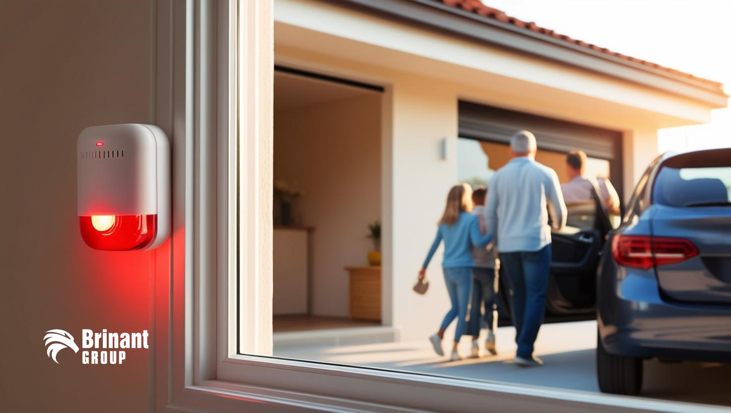 A family is walking into a house with a car parked in front of them.