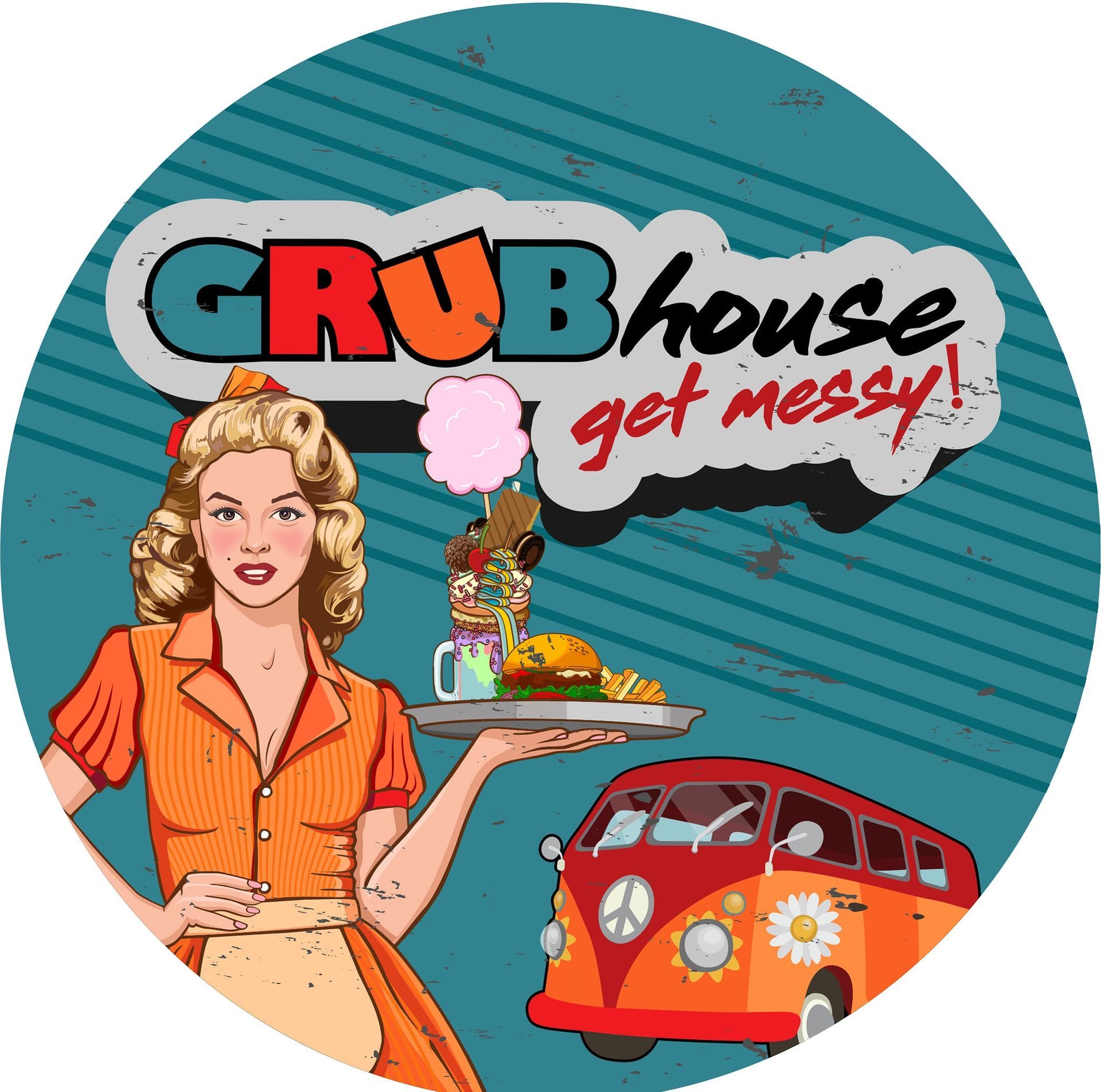 The Grub house logo of an animated blonde woman in 1950's style holding a milkshake and burger plate.