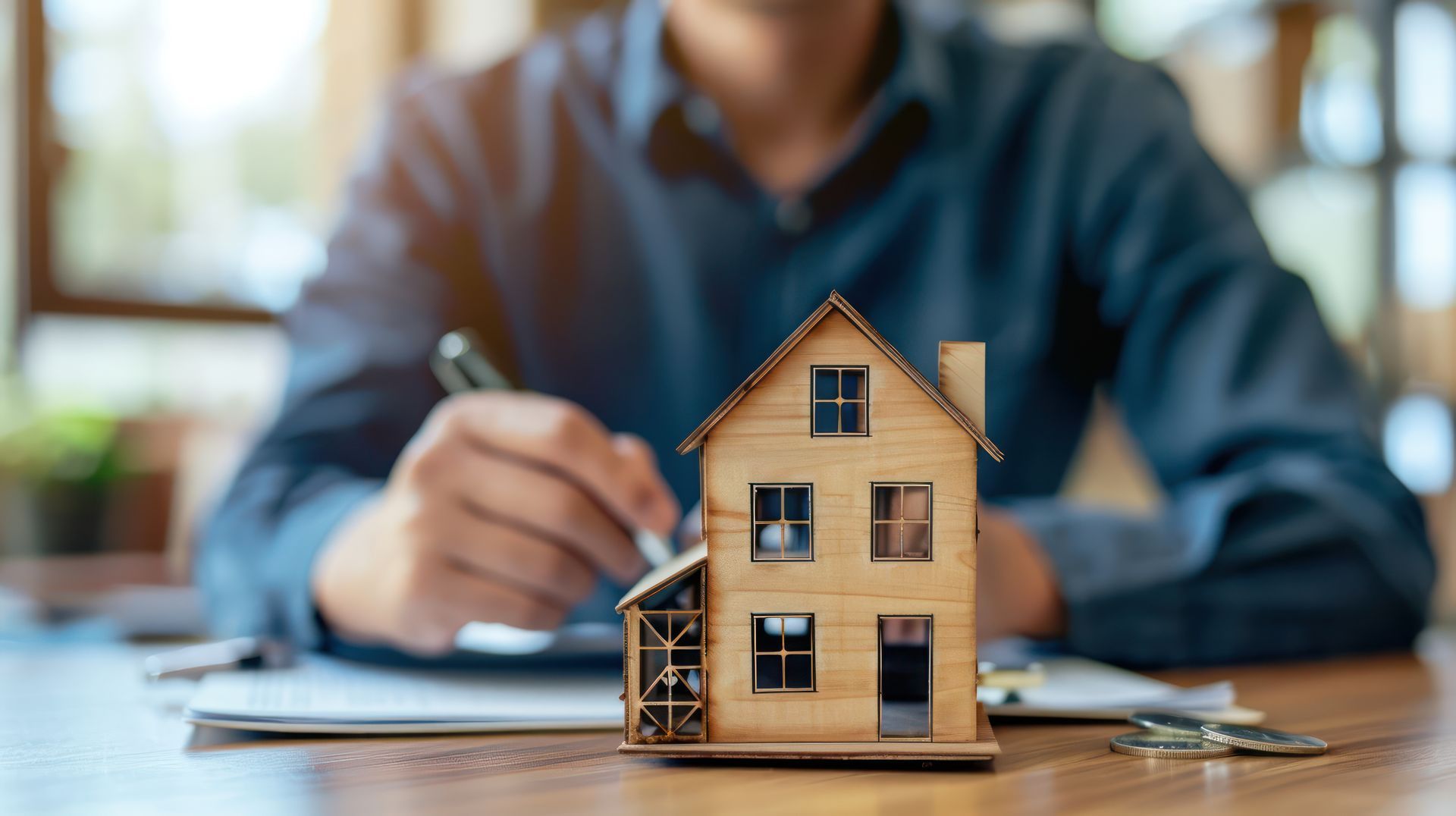 A man is sitting at a table with a model house and a pen.