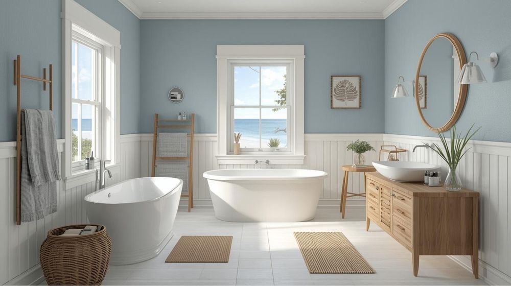 Bathroom with blue walls, white trim, a soaking tub, and a wooden vanity.