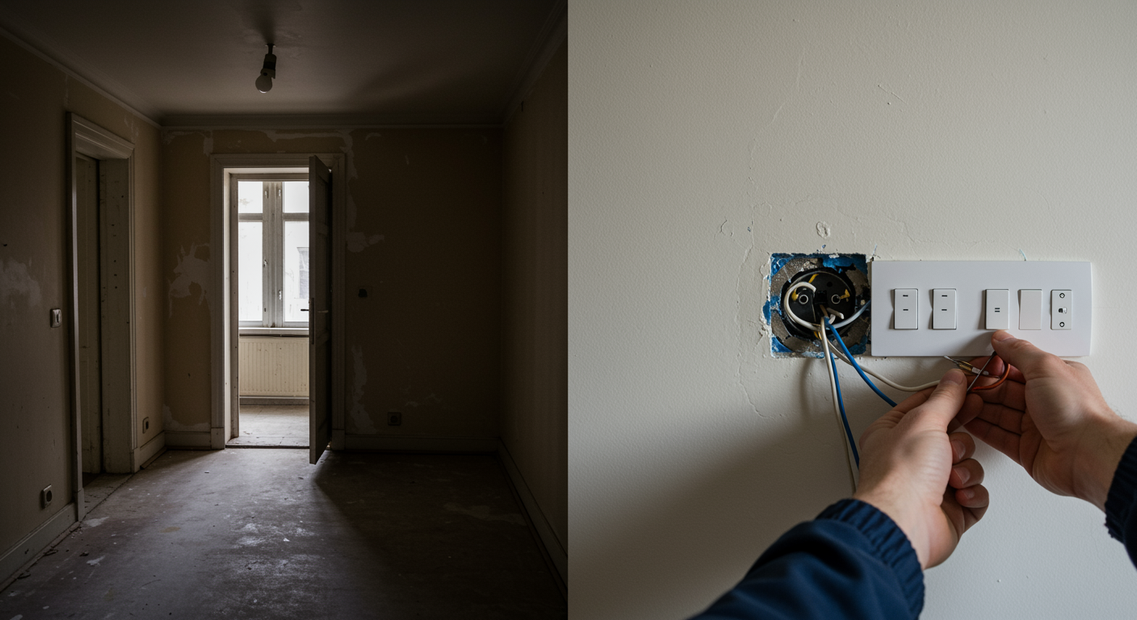 Hand wiring an exposed wall outlet in a dim, empty room with a doorway in the background