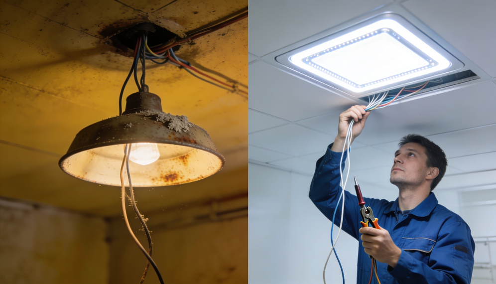 Electrician installs a recessed ceiling light while a hanging bulb glows beside him