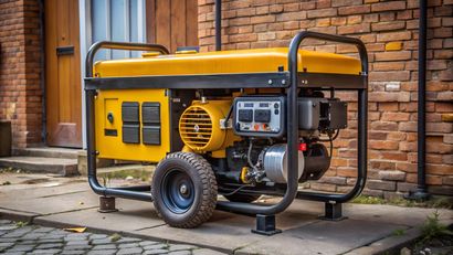 Yellow portable generator on a wheeled frame sits on a brick patio by a brick wall.