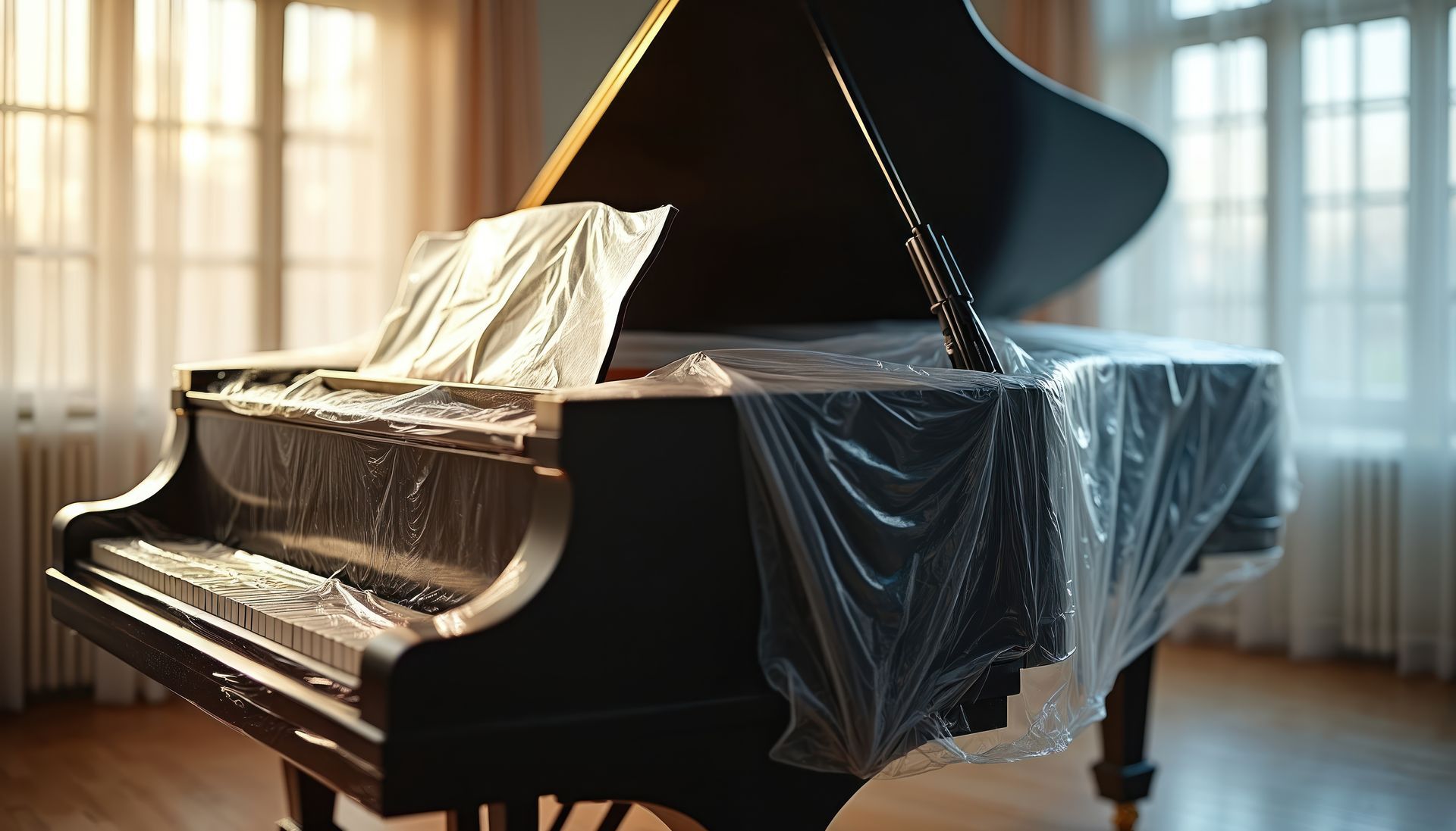 Black grand piano wrapped in room, showcasing professional piano moving preparation.