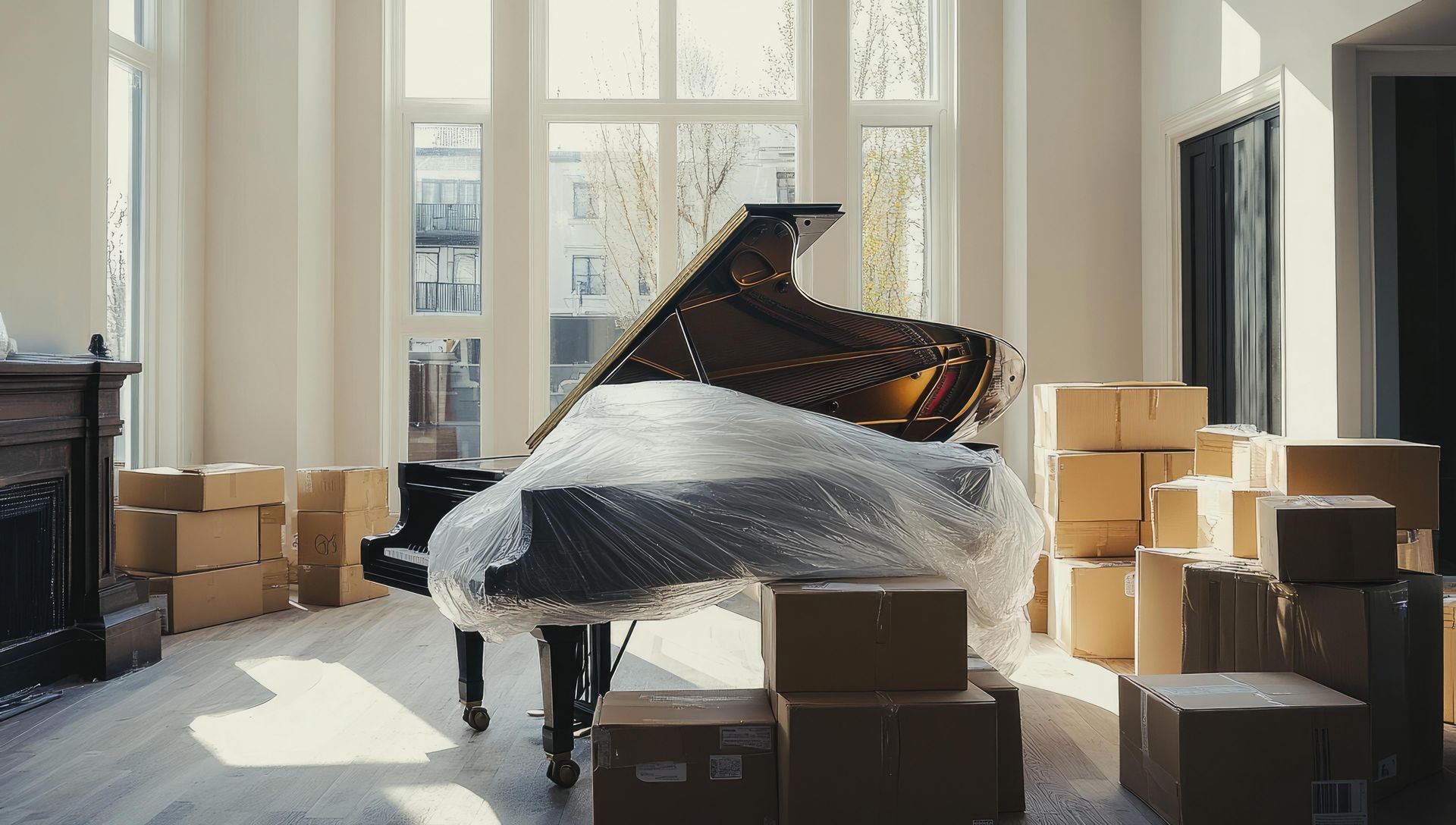 Black grand piano covered in plastic wrap, showcasing professional piano moving preparation.