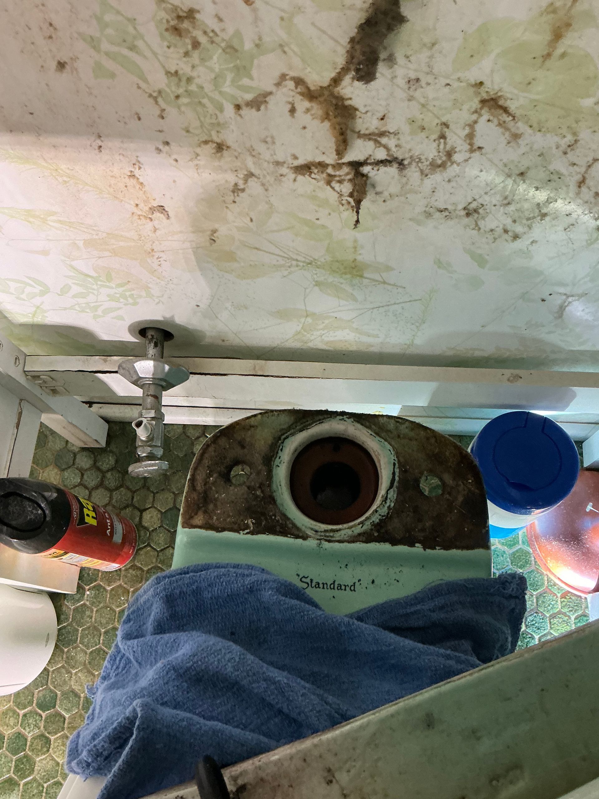 Overhead view of a vintage, light-green toilet tank with a dirty, stained lid. A blue towel rests on top.