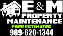 A logo for e & m property maintenance with a house on it.