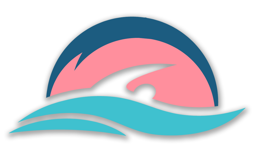 A pink and blue wave with a sunset in the background