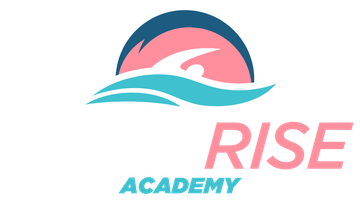 A logo for a swimming academy with a sunset and waves.