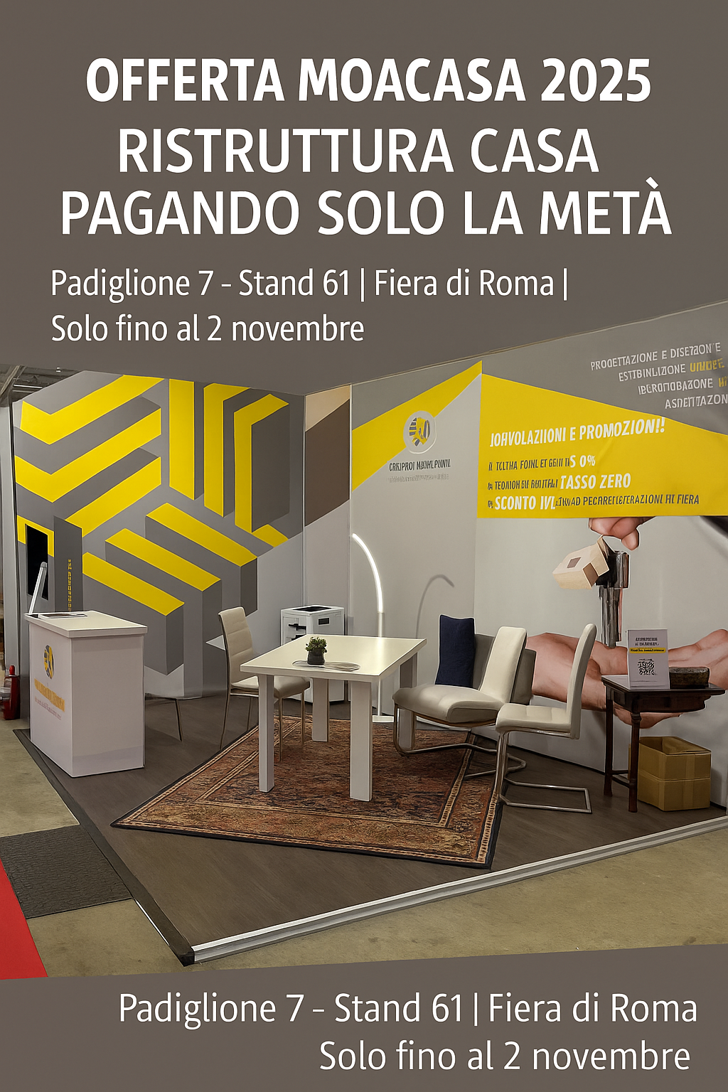 Stand Gruppo Menichini a Moacasa 2025 presso la Fiera di Roma, allestimento moderno con grafica gialla e grigia e accoglienza dei visitatori.