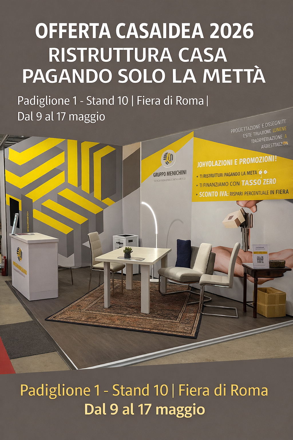Stand Gruppo Menichini a Casaidea 2026 Fiera di Roma padiglione 1 stand 10 ristrutturazioni casa chiavi in mano a Roma