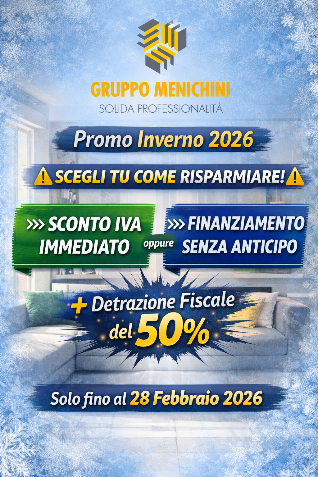 Promozione Inverno 2026 Gruppo Menichini: sconto IVA immediato oppure finanziamento senza anticipo e detrazione fiscale del 50%, valida fino al 28 febbraio 2026