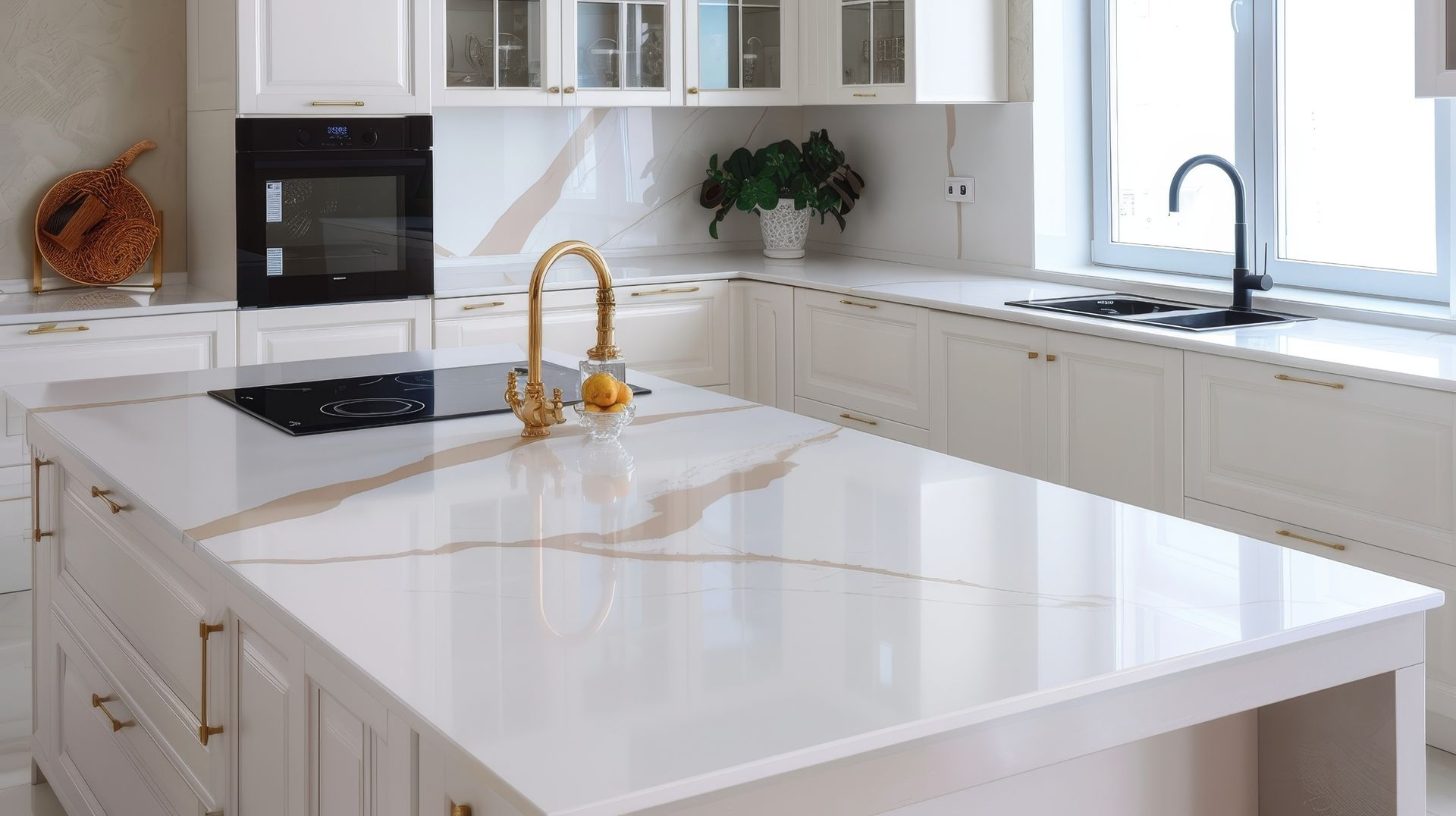 Bright modern white kitchen with large island, gold faucet, and black cooktop
