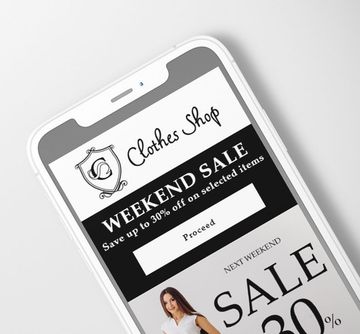 A cell phone with a clothes shop on the screen