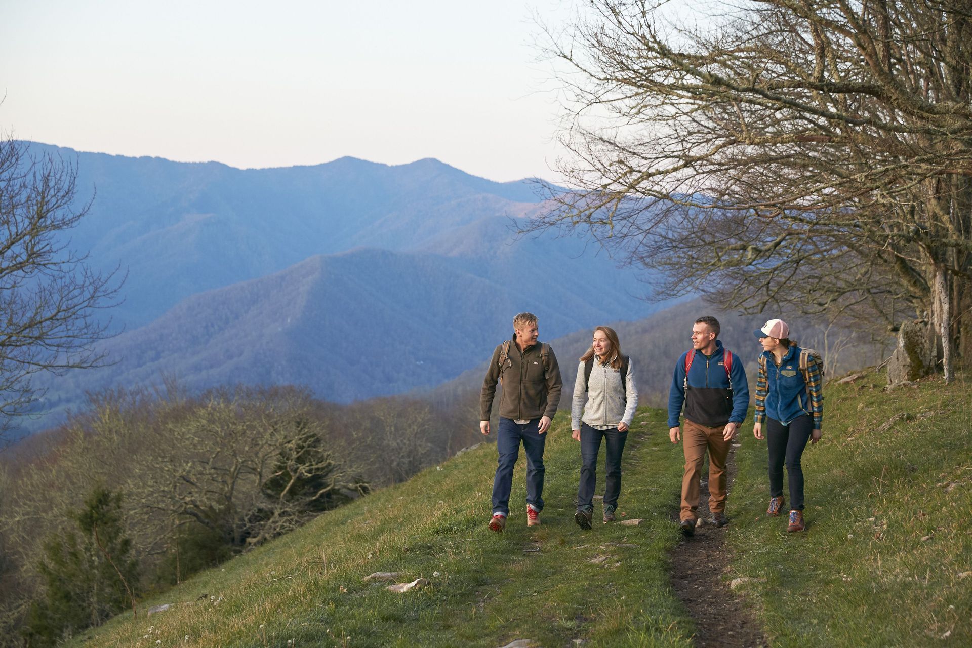 group of four people hiking on a trail.