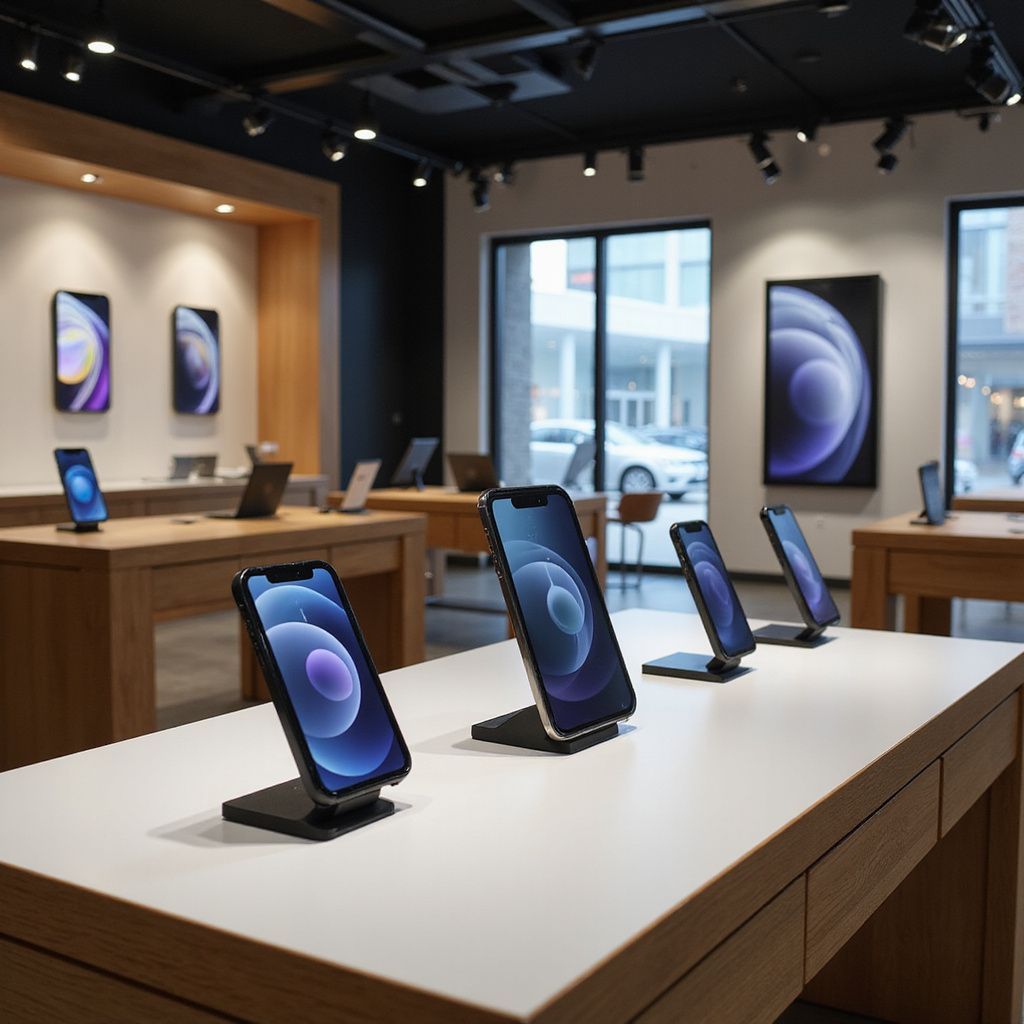 Dentro de una tienda Apple, se exhiben varios iPhones sobre mesas blancas, con imágenes promocionales en las paredes.