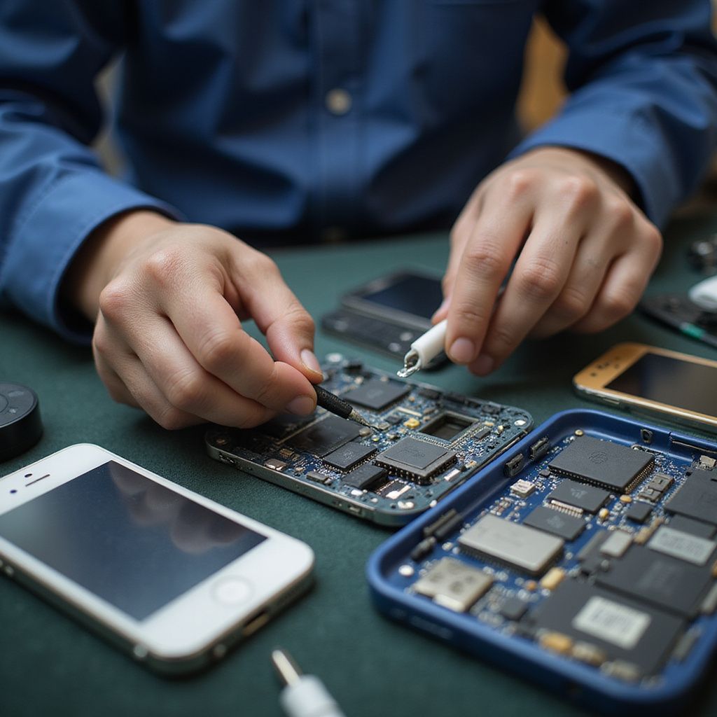 Persona reparando un teléfono inteligente, conectando
