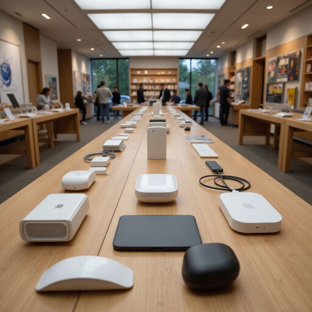 En el interior de una tienda Apple, se ven diversos productos expuestos sobre una larga mesa de madera