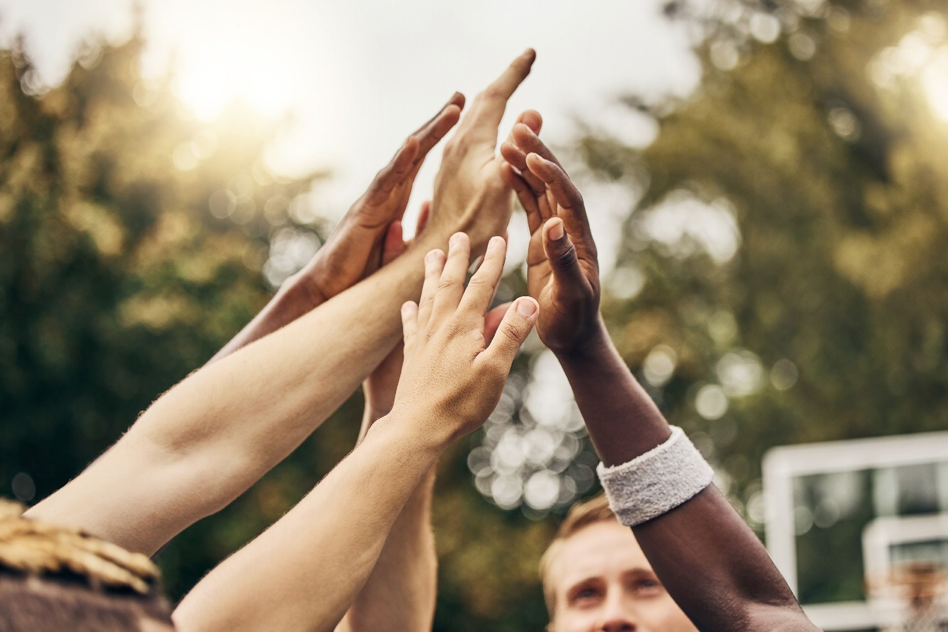 Manos de diversas personas chocando los cinco, celebrando un partido al aire libre cerca de un aro de baloncesto.