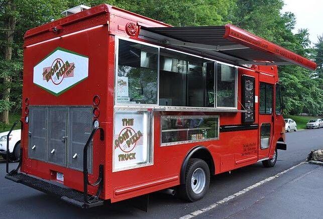 Red food truck with canopy