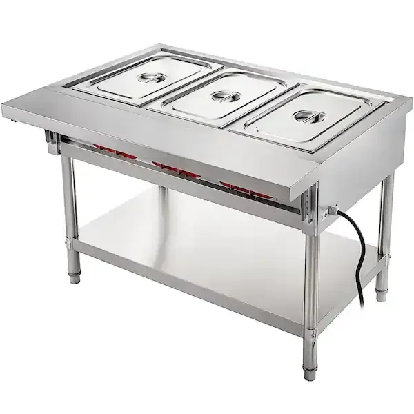 a stainless steam table