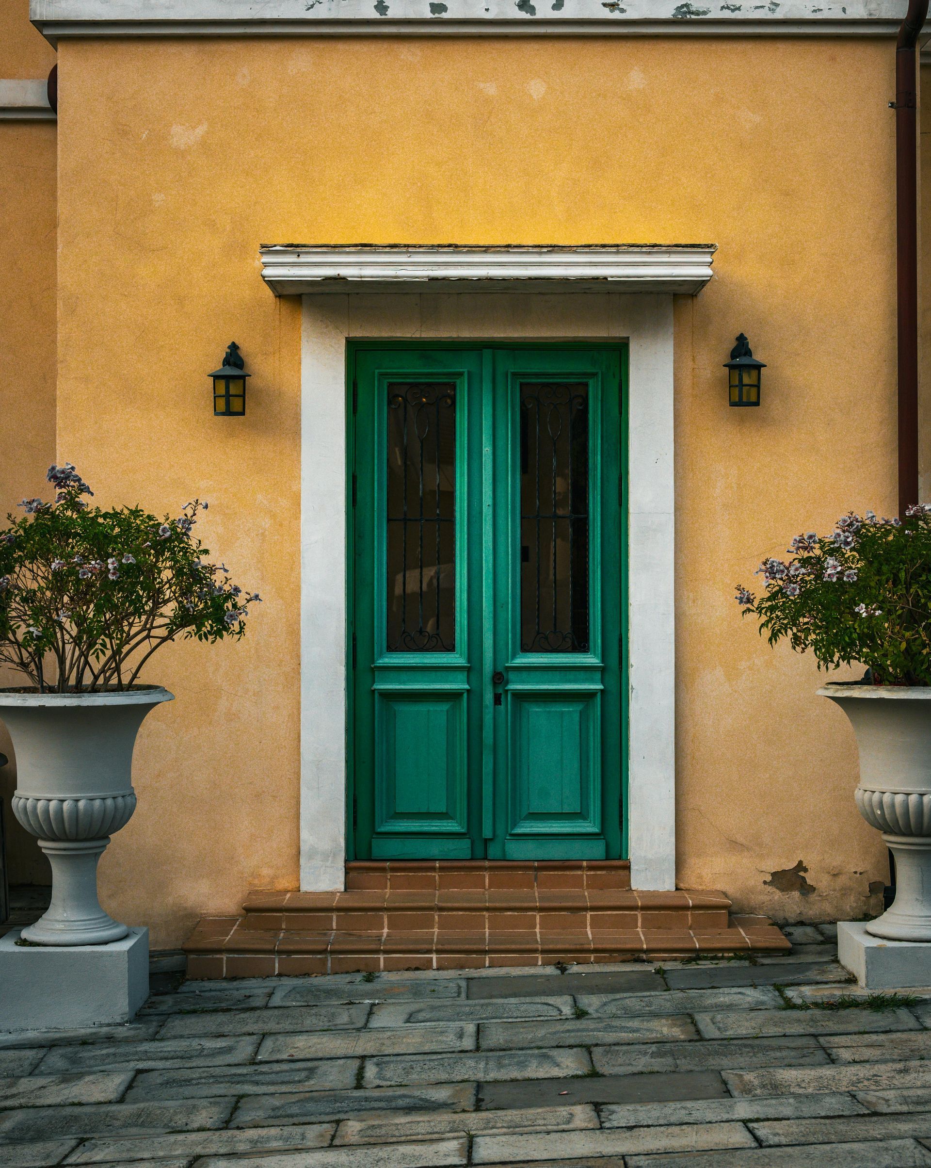 A yellow building with a green door and potted plants in front of it