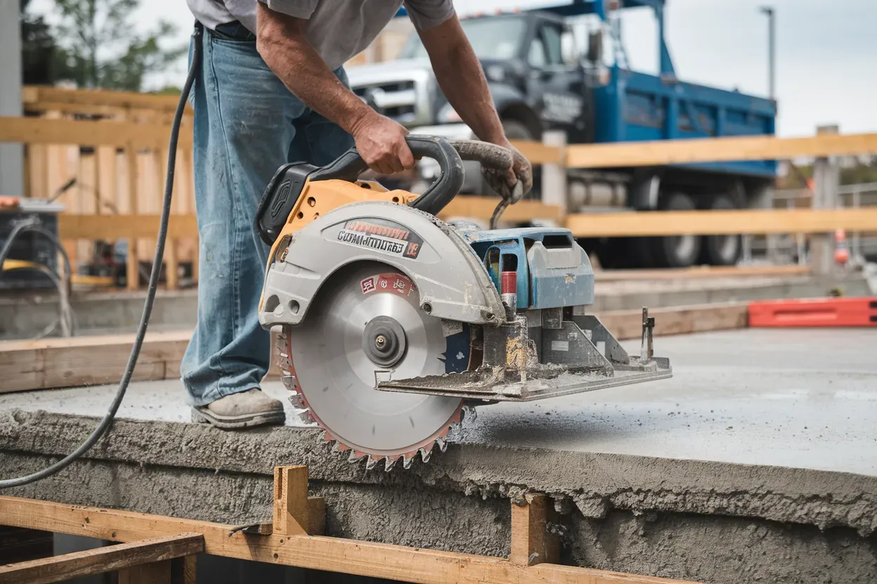 A man is using a circular saw to cut concrete on a construction site.