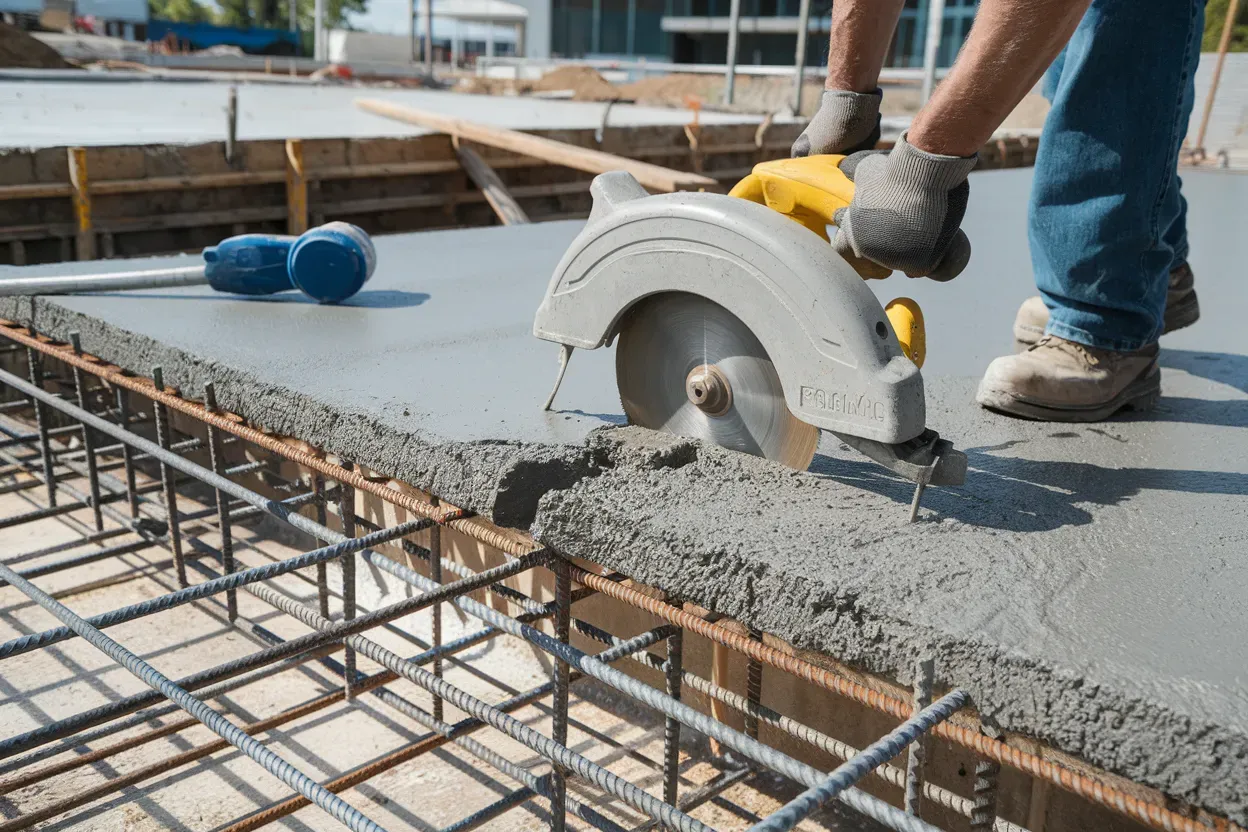 A construction worker is cutting concrete with a circular saw.
