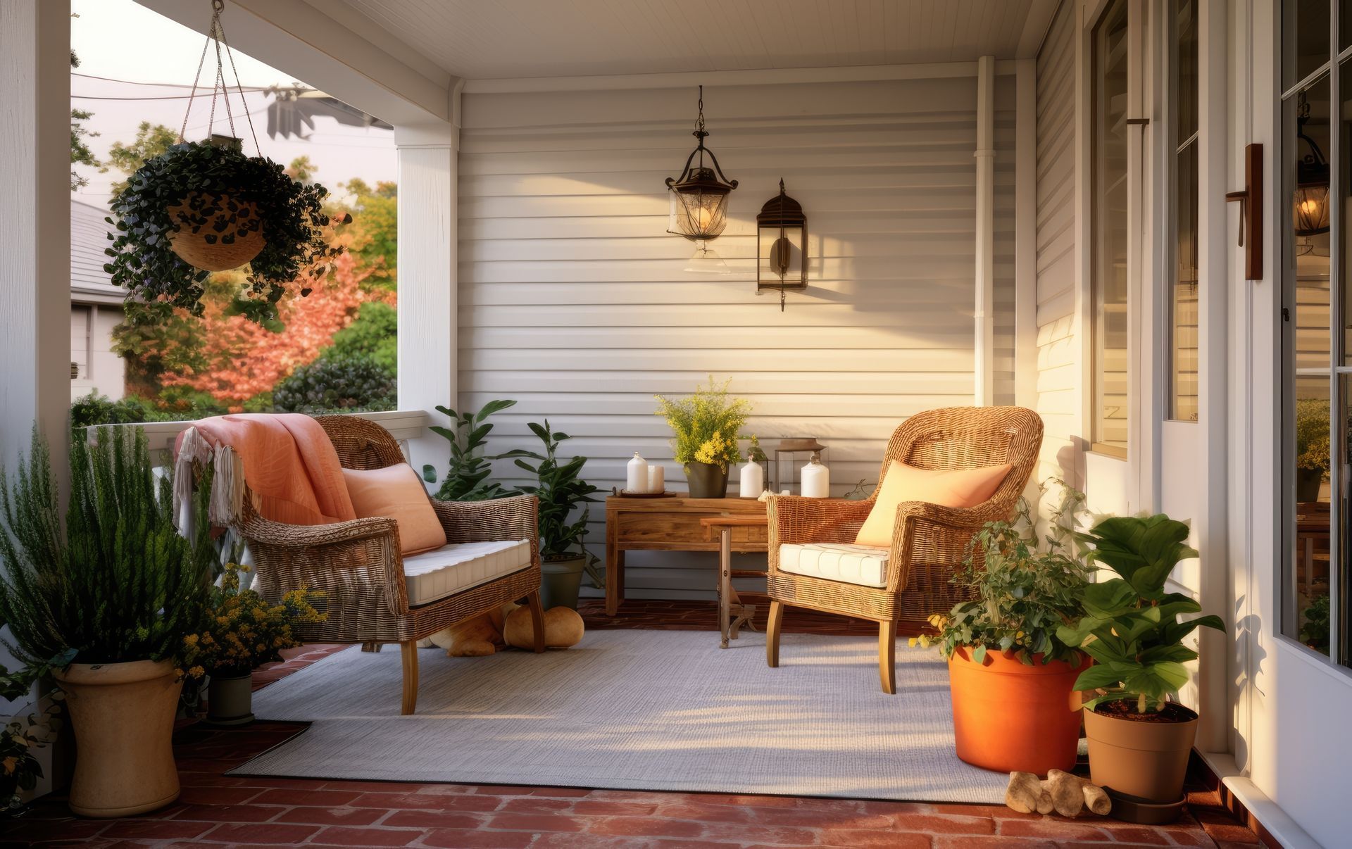 Cozy porch with wicker chairs, plants, and a rug. Sunlight shines on a white-walled space with a hanging lantern.