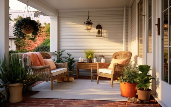 Cozy porch with wicker chairs, plants, and a rug. Sunlight shines on a white-walled space with a hanging lantern.