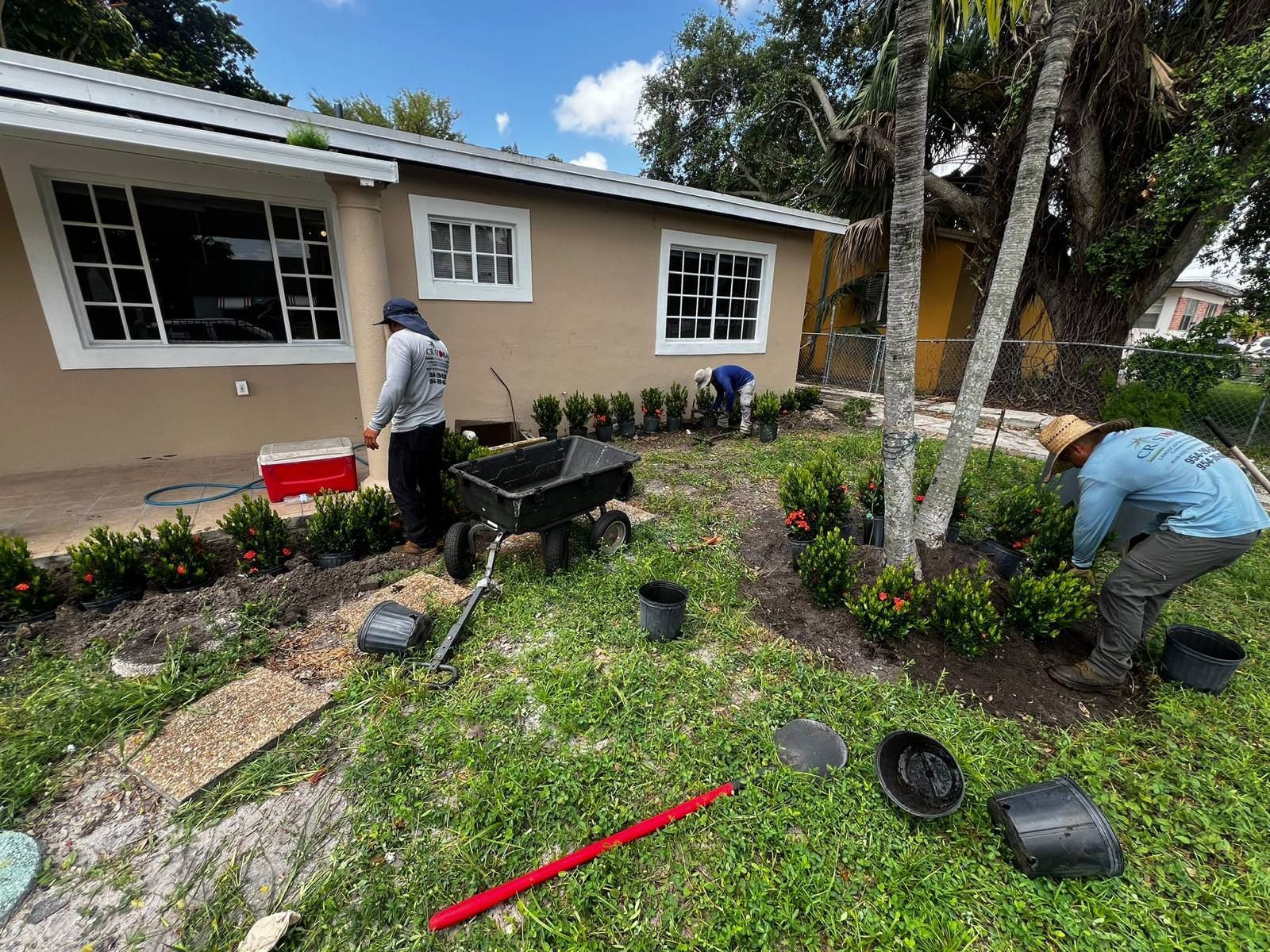 professionals working in a garden in front of a house.
