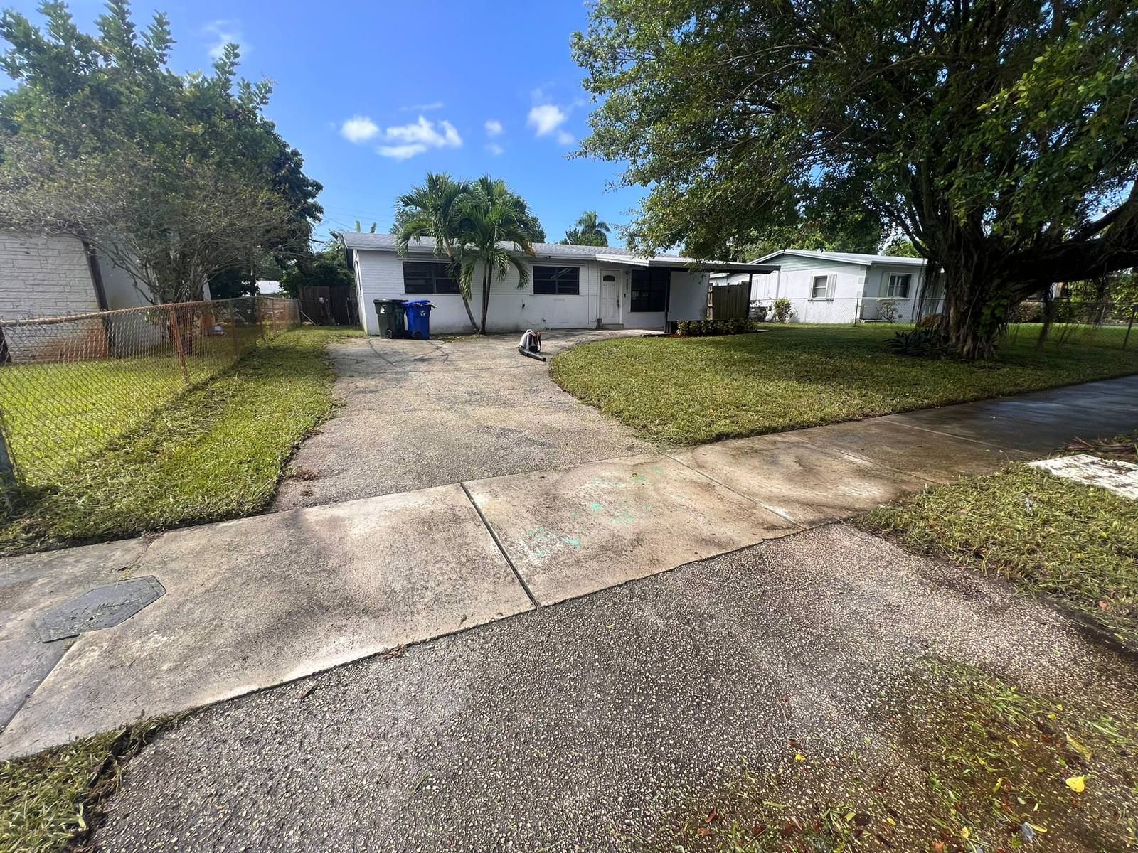 A driveway leading to a house with green grass and trees.