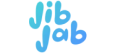 A blue and white logo for jib jab on a white background.