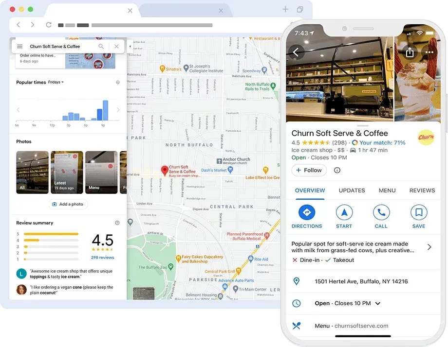 A phone with a map on the screen and a website on the screen.