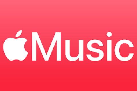 The apple music logo is on a red background.