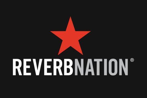 A logo for reverbnation with a red star on a black background