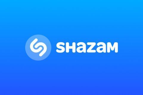 The shazam logo is on a blue background.