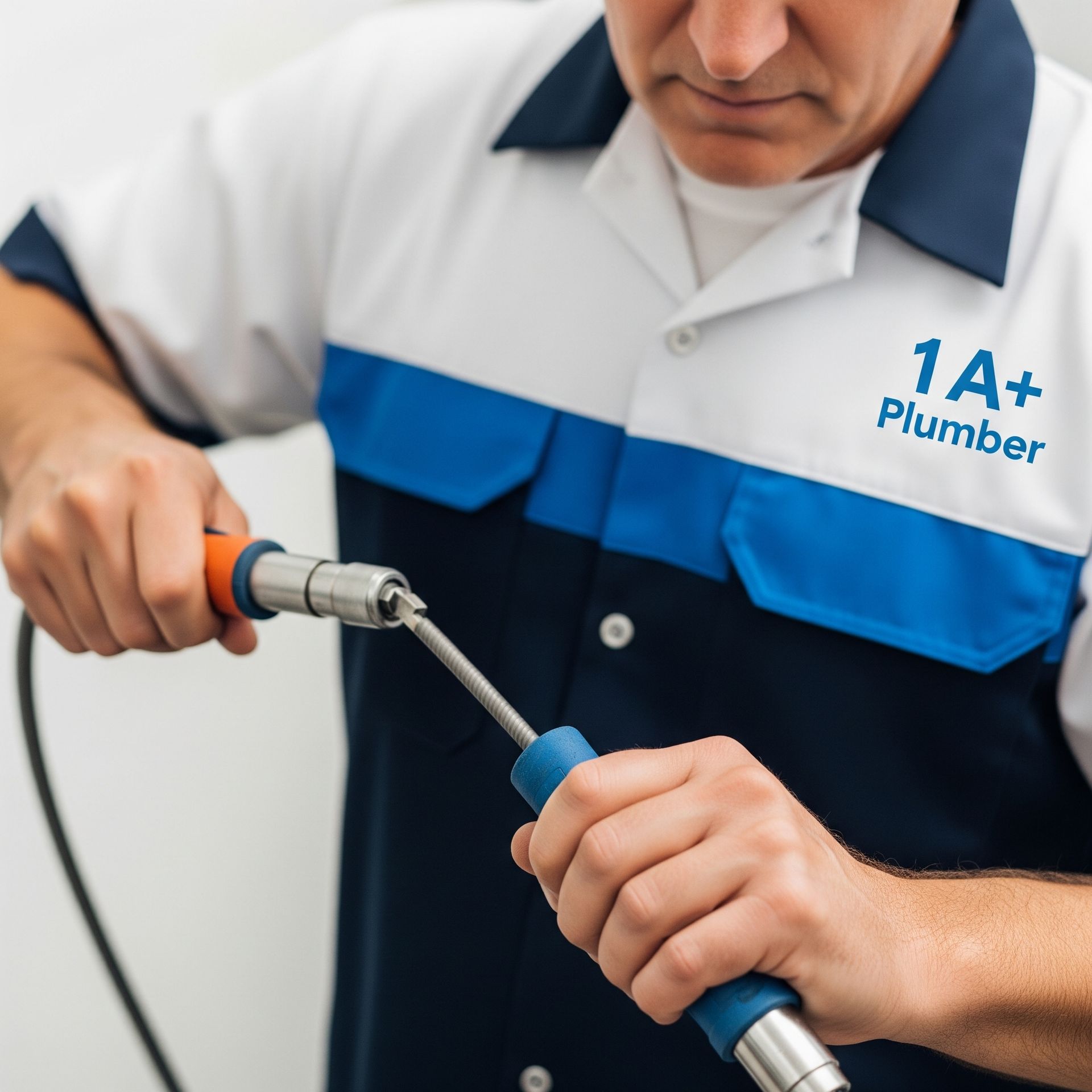 A man wearing a 1a+ plumber shirt is working on a pipe