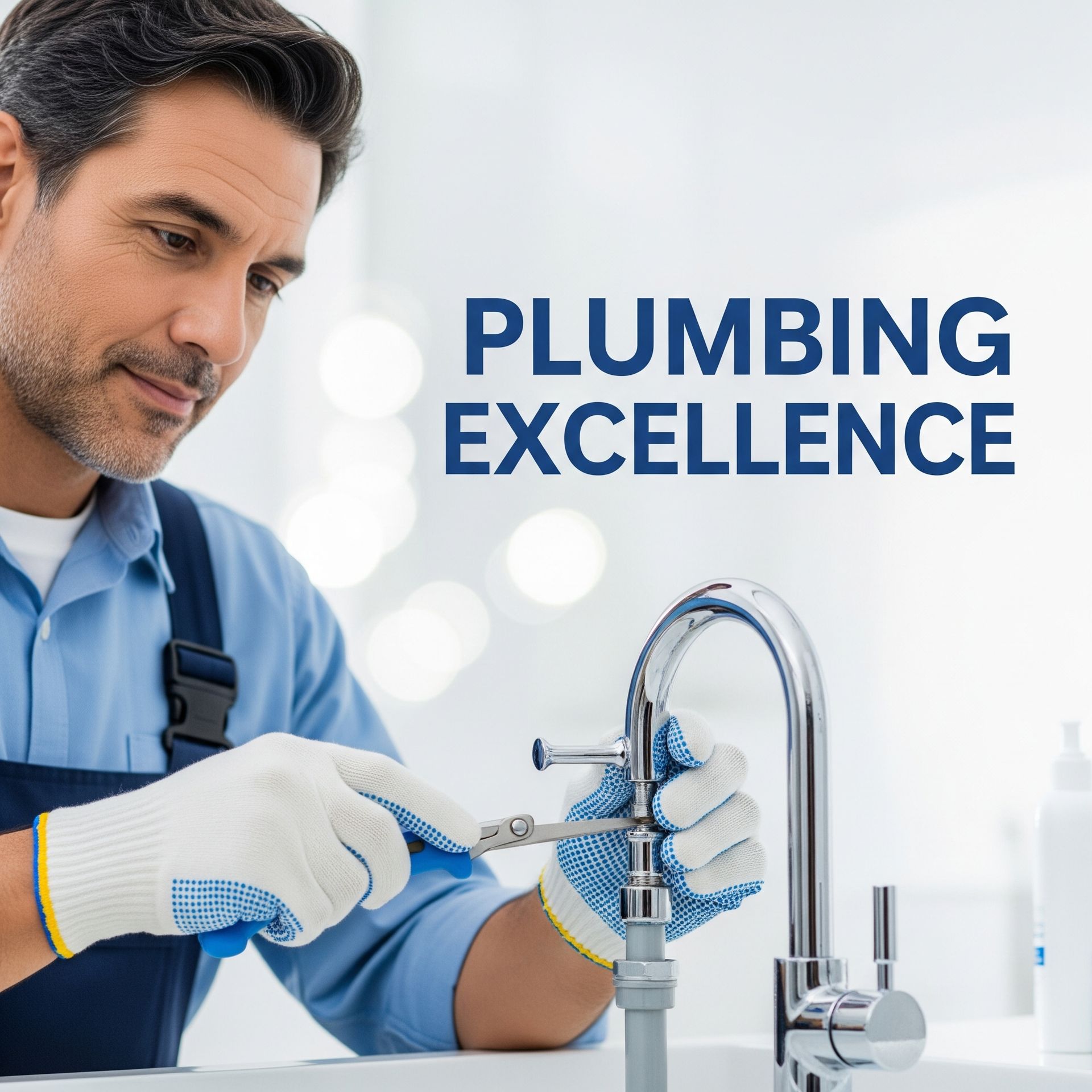 A man is fixing a faucet with the words plumbing excellence behind him