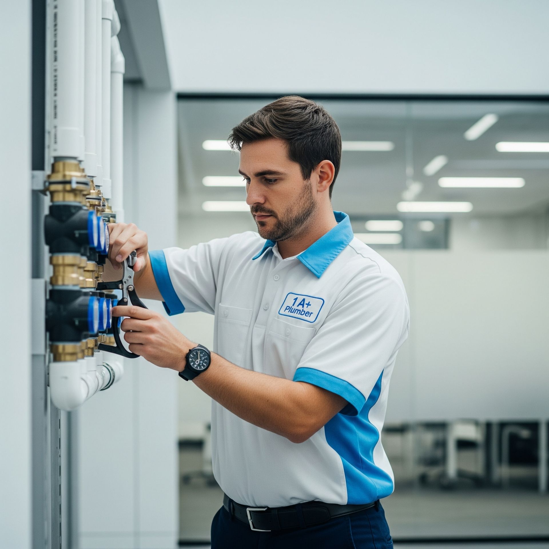 A man in a white and blue shirt is working on pipes