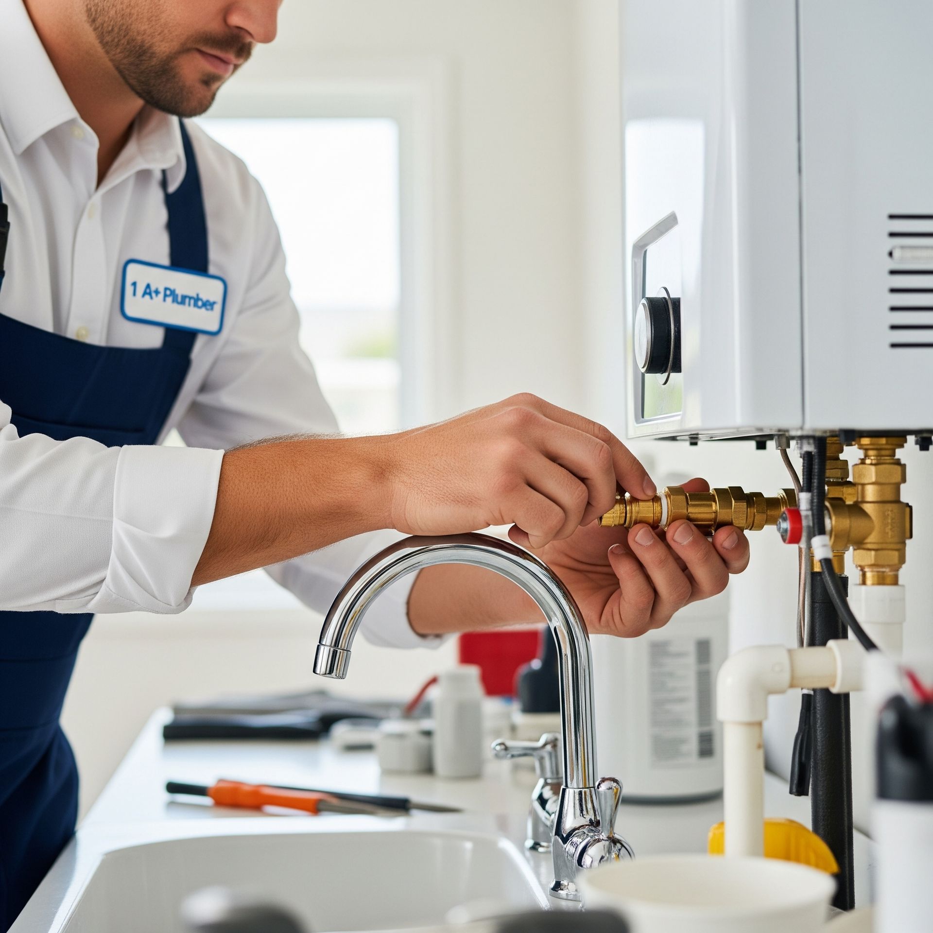 A plumber is fixing a faucet in a kitchen