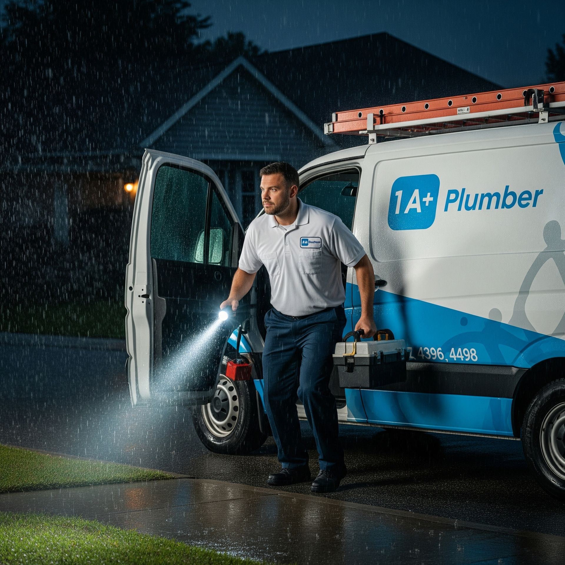A man is standing in front of a 1a+ plumber van