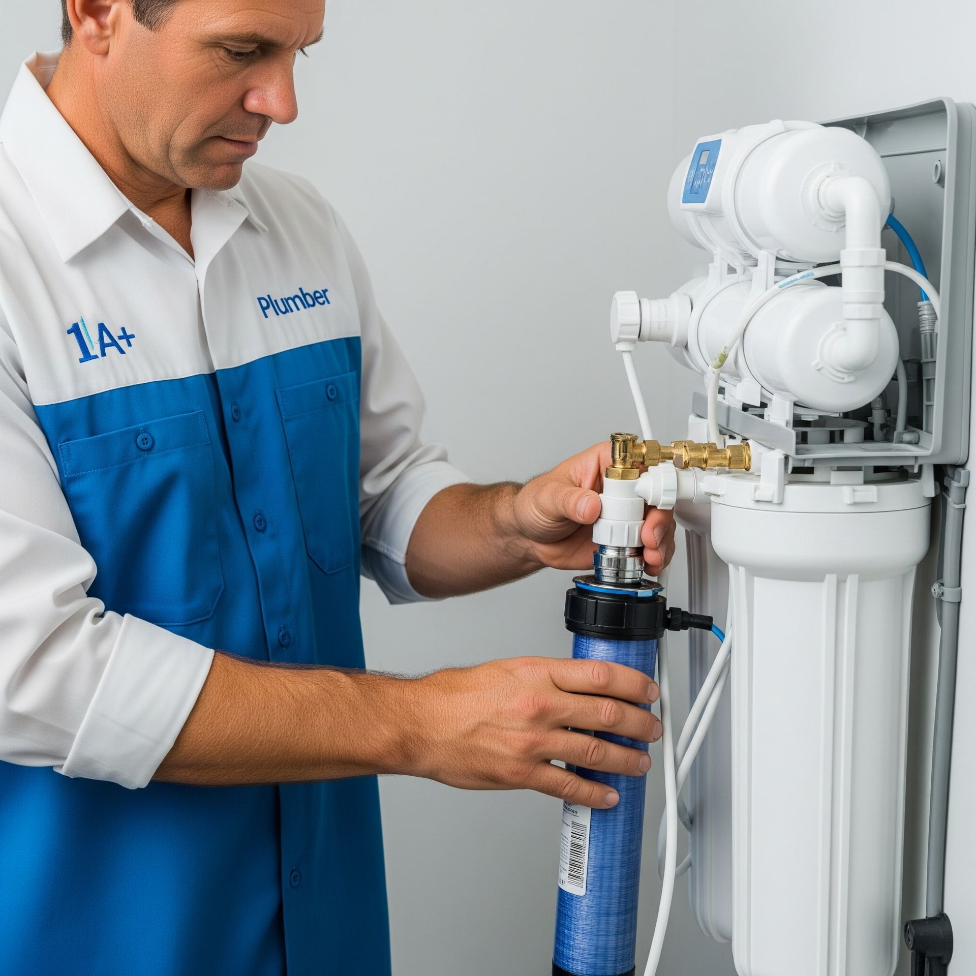 A man wearing a blue shirt with the number 14 on it is working on a water filter